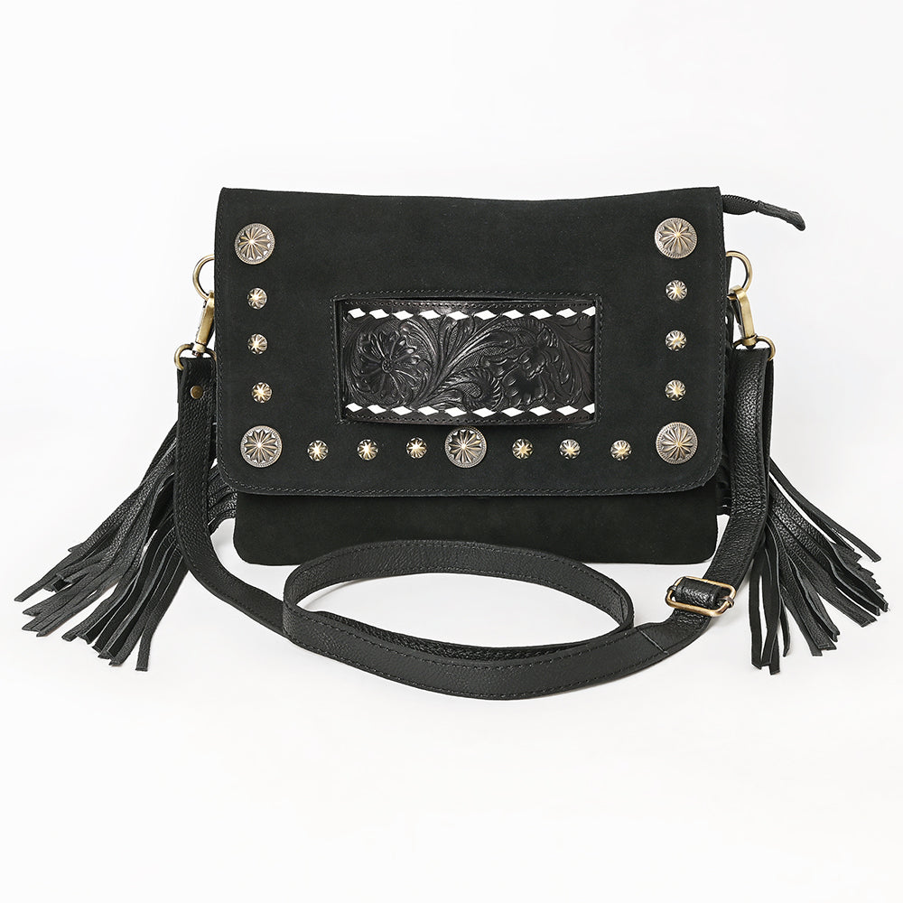 ADBGA906 Black Genuine suede Crossbody Bag - Tooled Leather Inlay with Fringe & Concho Studs