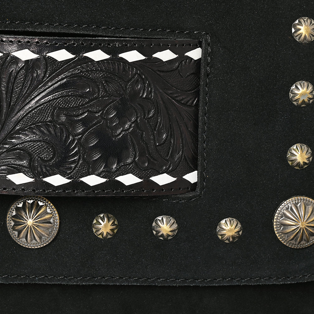 ADBGA906 Black Genuine suede Crossbody Bag - Tooled Leather Inlay with Fringe & Concho Studs