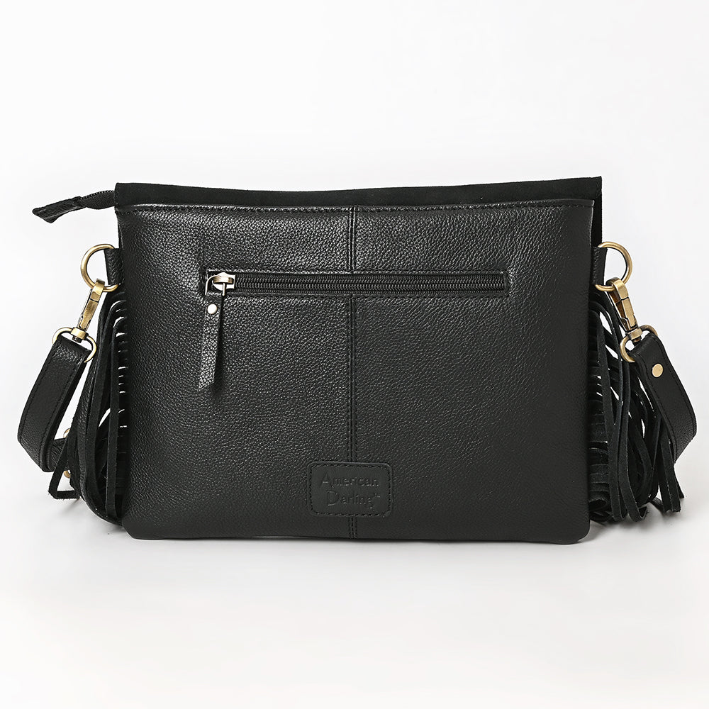 ADBGA906 Black Genuine suede Crossbody Bag - Tooled Leather Inlay with Fringe & Concho Studs