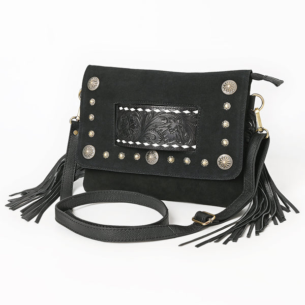 ADBGA906 Black Suede Crossbody Bag - Tooled Leather Inlay with Fringe & Concho Studs