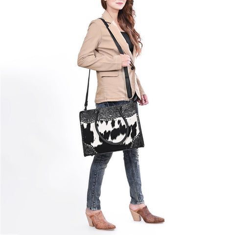 American Darling Hand Tooled Floral & Hair-On Cowhide Western Leather Tote Bag