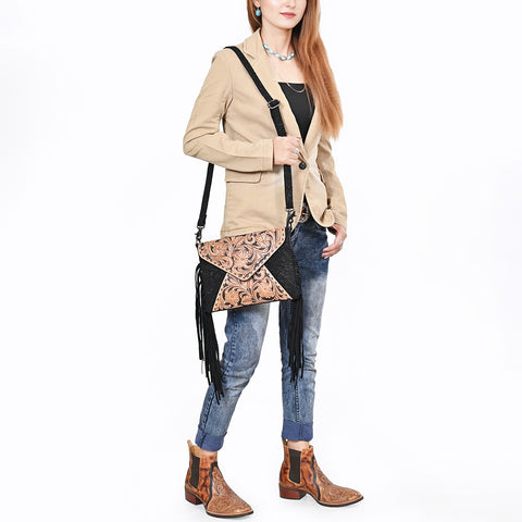 American Darling Hand Tooled Floral Envelop Bag with Fringes and Damascus Detailing
