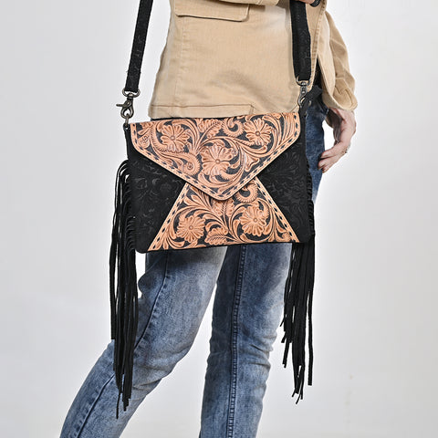 American Darling Hand Tooled Floral Envelop Bag with Fringes and Damascus Detailing