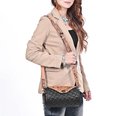American Darling Hand Tooled Floral Carved Quilted Leather Western Cross body Bag