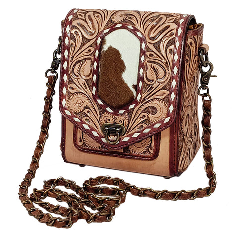 American Darling Hand Tooled Floral & Hair-On Cowhide Western Cross body Bag