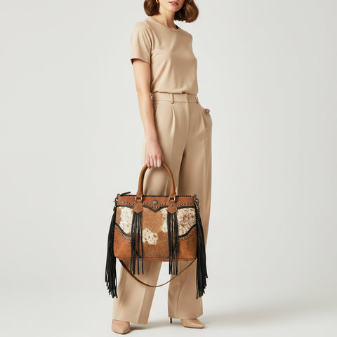 American Darling Handcrafted Hair-On Cowhide Tote Bag with Western Fringes