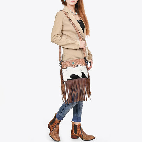 American Darling Hand Tooled Floral & Cowhide Cross body Bag with Western Fringes