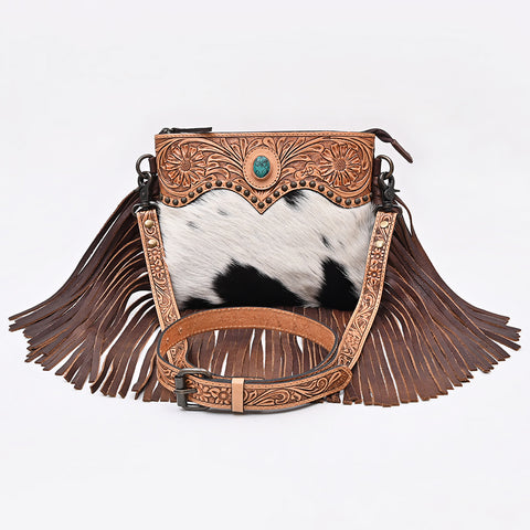 American Darling Hand Tooled Floral & Cowhide Cross body Bag with Western Fringes