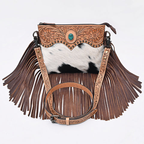 American Darling Hand Tooled Floral & Cowhide Cross body Bag with Western Fringes