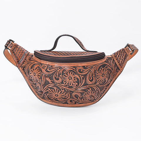 American Darling Hand Tooled Floral & Basket Weave Leather Western Fanny Pack