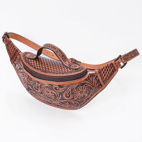 American Darling Hand Tooled Floral & Basket Weave Leather Western Fanny Pack