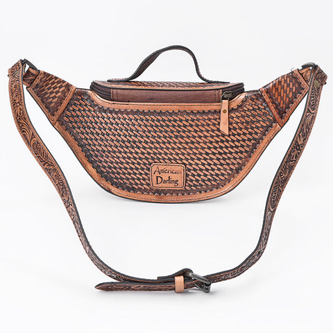 American Darling Hand Tooled Floral & Basket Weave Leather Western Fanny Pack