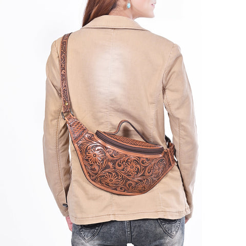 American Darling Hand Tooled Floral & Basket Weave Leather Western Fanny Pack