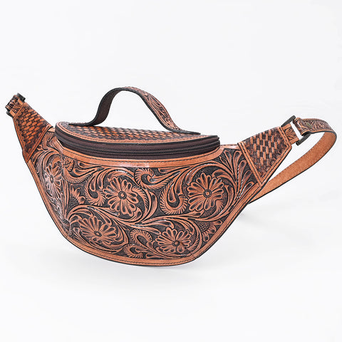 American Darling Hand Tooled Floral & Basket Weave Leather Western Fanny Pack