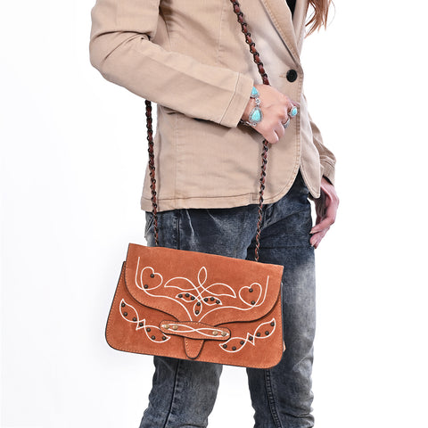 American Darling Western Cross body Bag with Rivetted Genuine Suede Leather & Embroidery