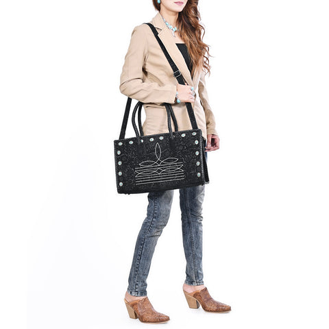 American Darling Western Leather Tote Bag Boot Stitching & Damascus