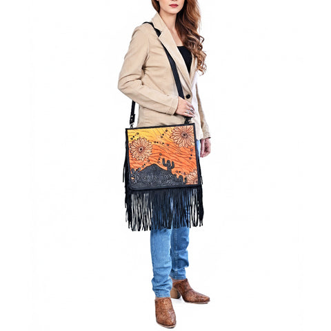 American Darling Western Hand Tooled Floral Cross body Bag with Long Leather Fringes