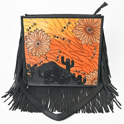 American Darling Western Hand Tooled Floral Cross body Bag with Long Leather Fringes