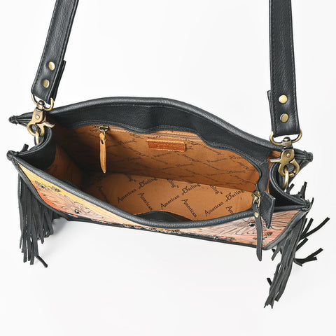 American Darling Western Hand Tooled Floral Cross body Bag with Long Leather Fringes