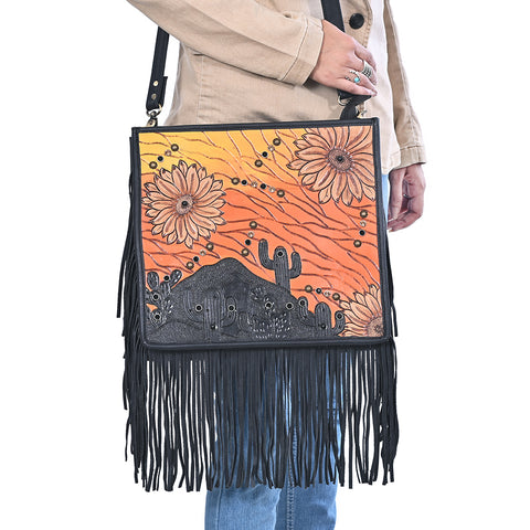 American Darling Western Hand Tooled Floral Cross body Bag with Long Leather Fringes