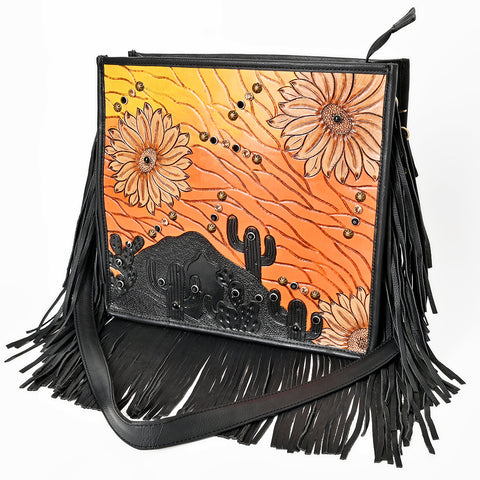 American Darling Western Hand Tooled Floral Cross body Bag with Long Leather Fringes
