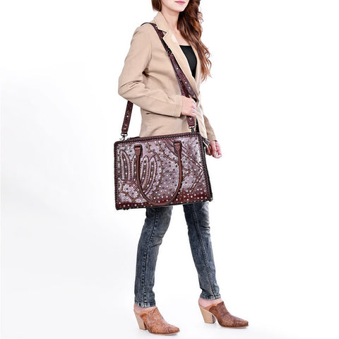 American Darling Western Leather Tote Bag with Hand-Tooled Accents and Riveted Detail