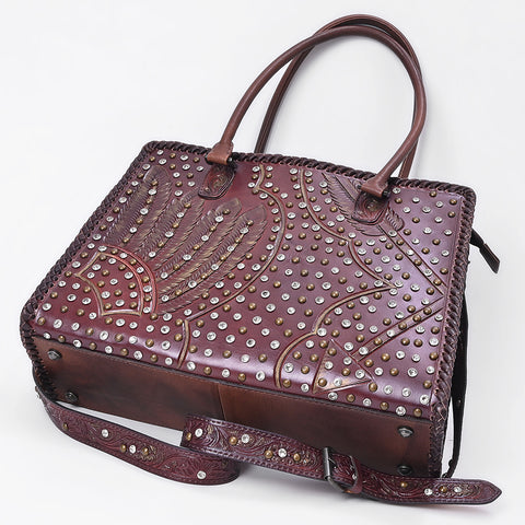 American Darling Western Leather Tote Bag with Hand-Tooled Accents and Riveted Detail