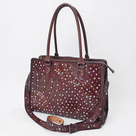 American Darling Western Leather Tote Bag with Hand-Tooled Accents and Riveted Detail