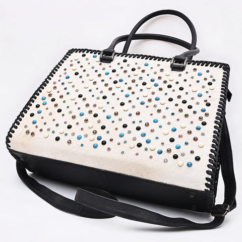 American Darling Western Leather Tote Bag - Hair-On Cowhide & Braided Riveted Detail
