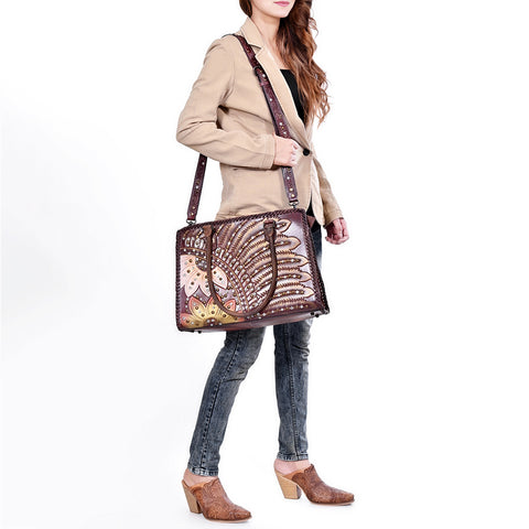 American Darling Western Leather Tote Bag - Hand-Tooled Floral Carved Shoulder Bag
