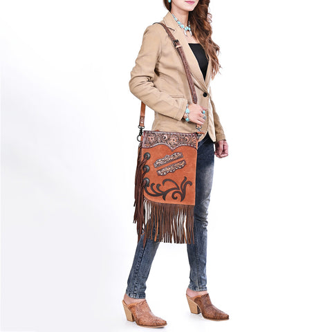 American Darling Western Chaps Bag - Hand-Tooled Floral Genuine Suede Crossbody with Fringes
