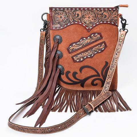 American Darling Western Chaps Bag - Hand-Tooled Floral Genuine Suede Crossbody with Fringes