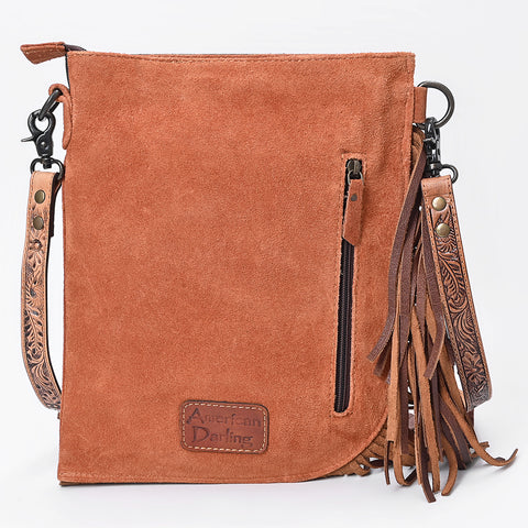 American Darling Western Chaps Bag - Hand-Tooled Floral Genuine Suede Crossbody with Fringes