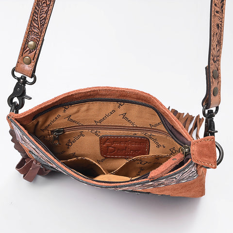 American Darling Western Chaps Bag - Hand-Tooled Floral Genuine Suede Crossbody with Fringes