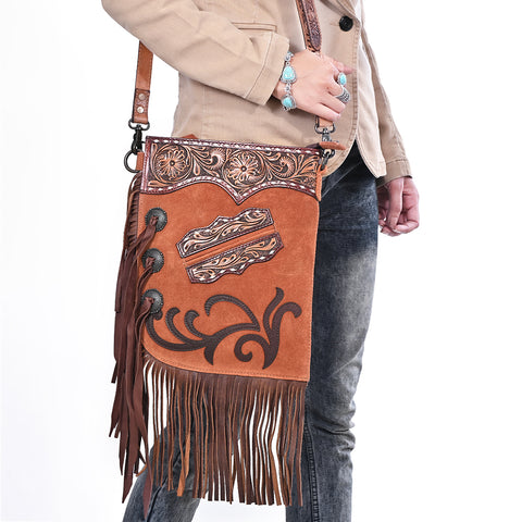 American Darling Western Chaps Bag - Hand-Tooled Floral Genuine Suede Crossbody with Fringes