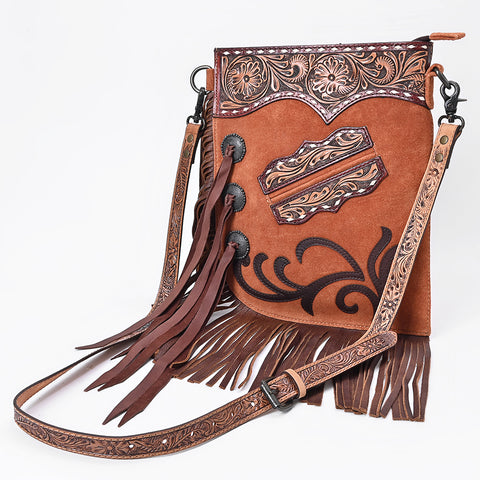 American Darling Western Chaps Bag - Hand-Tooled Floral Genuine Suede Crossbody with Fringes