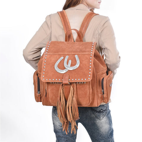 American Darling Western Genuine Suede Backpack Bag with Fringes and Horseshoe Concho
