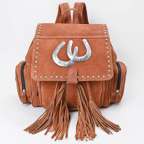 American Darling Western Genuine Suede Backpack Bag with Fringes and Horseshoe Concho