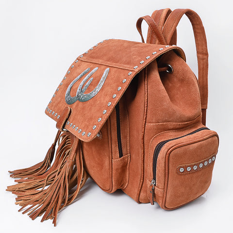 American Darling Western Genuine Suede Backpack Bag with Fringes and Horseshoe Concho