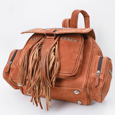American Darling Western Genuine Suede Backpack Bag with Fringes and Horseshoe Concho
