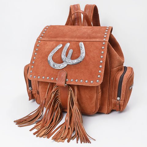 American Darling Western Genuine Suede Backpack Bag with Fringes and Horseshoe Concho
