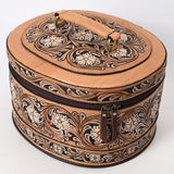 ADBGA412 Western Hand Tooled Leather Jewelry Case Oval Floral Organizer (Tan)