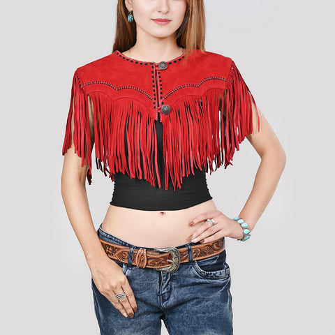 American Darling Red Suede Leather Cape Western Fringe Concho Top