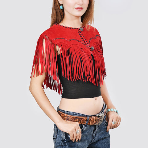American Darling Red Suede Leather Cape Western Fringe Concho Top