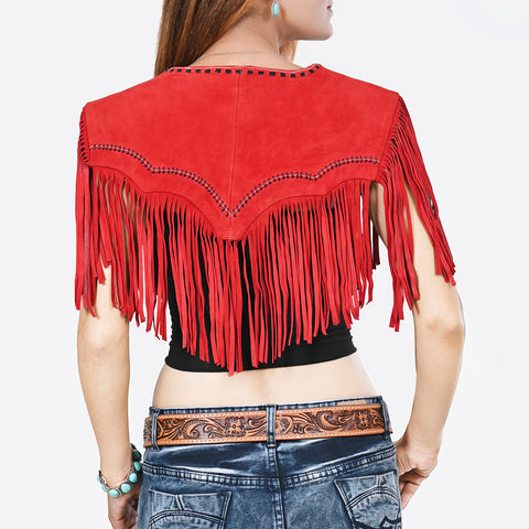 American Darling Red Suede Leather Cape Western Fringe Concho Top