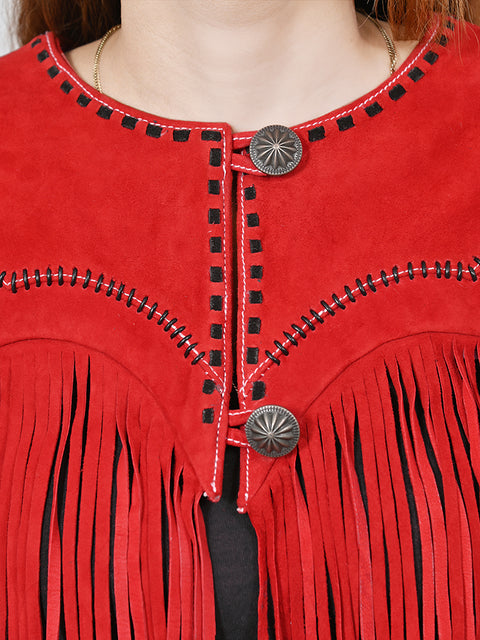 American Darling Red Suede Leather Cape Western Fringe Concho Top