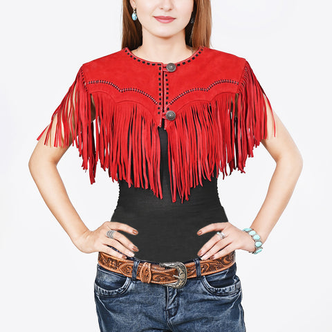 American Darling Red Suede Leather Cape Western Fringe Concho Top
