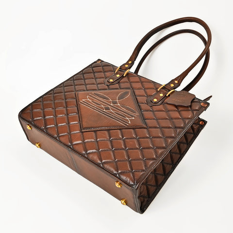 American Darling Quilted Western Leather Tote Bag with Boot Stitched Embroidery