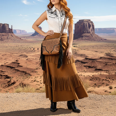 American Darling Quilted Western Leather Cross body Bag with Fringes and Rivets