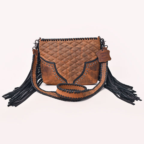 American Darling Quilted Western Leather Cross body Bag with Fringes and Rivets
